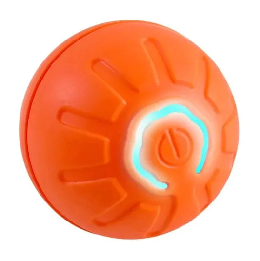 Smart dog toy ball with glowing features, orange color, made of silicone/ABS.