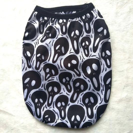 Black skull ghost head pet shirt for Halloween, crafted from comfortable polyester.