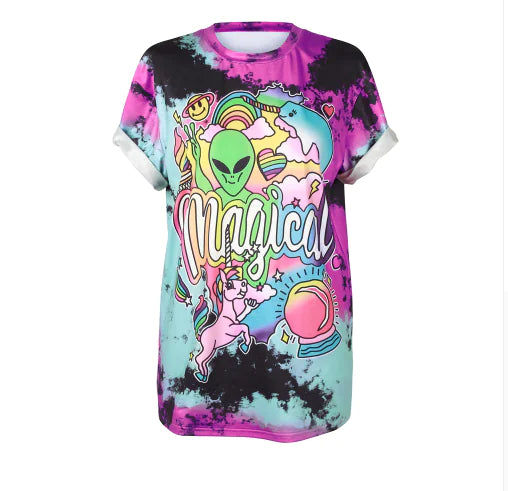 Vibrant 3D Skull Graphic Tee with colorful alien and unicorn print.
