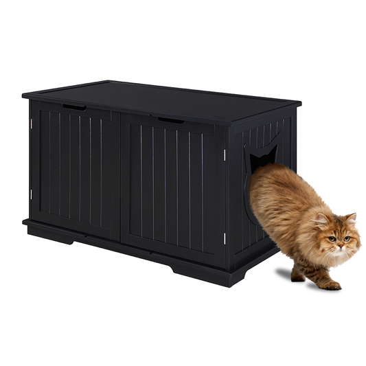 X-Large cat washroom bench litter box enclosure in wooden finish with wainscot paneling.