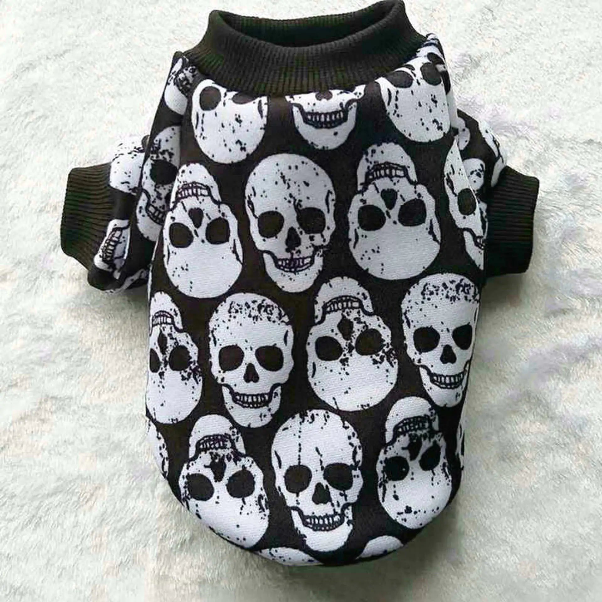 Spooky Season Pet Shirt with black skull ghost head design in polyester.