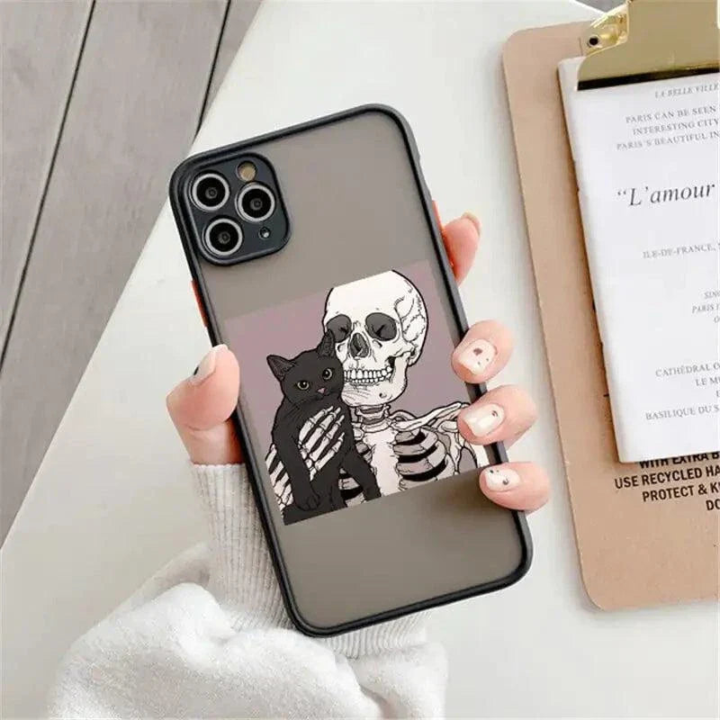 Creative skull print phone case with cat design, compatible with iPhone models, made from TPU and PC for enhanced grip and protection.