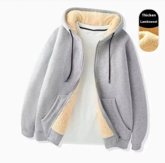 Lamb Wool Zipper Hoodie with wool lining, color matching pattern, and hood in gray.