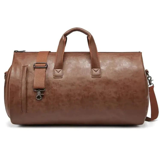 Waterproof leather duffle bag with adjustable strap and spacious interior.