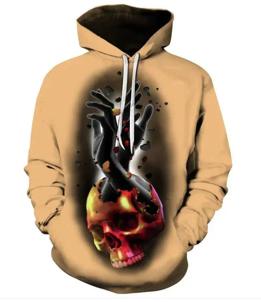 Printed skull head hooded sweater with striking graphic and adjustable hood.