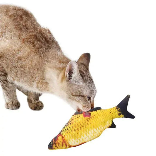 Cat playing with Creative Fish Shape Pet Toy, vibrant and durable pet accessory, filled with catnip for interactive feline fun.