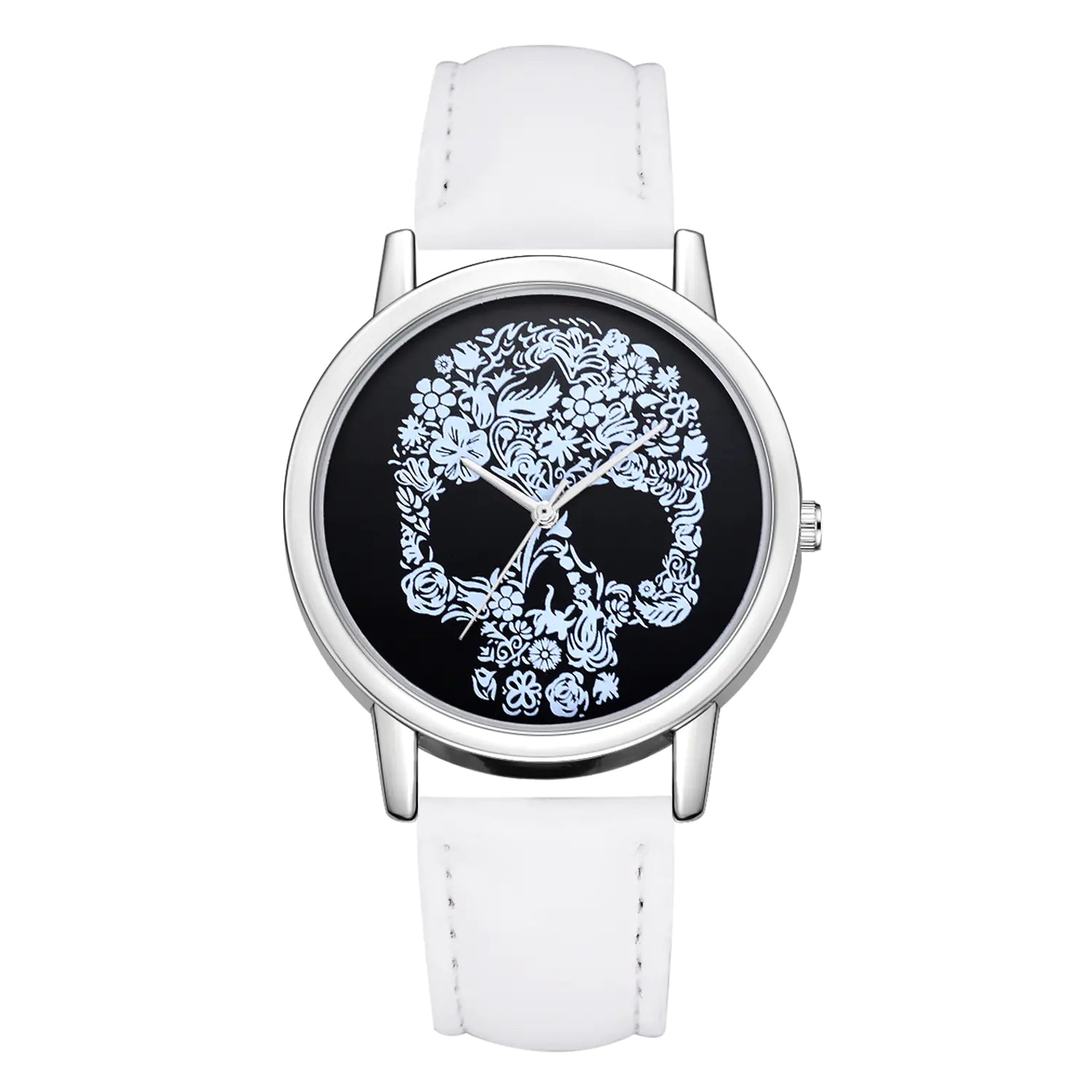 Skull Icon Quartz Watch with floral skull design and light blue strap.