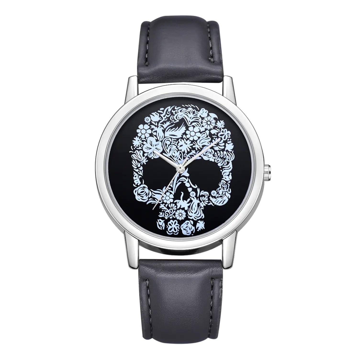 Skull Icon Quartz Watch with floral skull design and light blue strap.