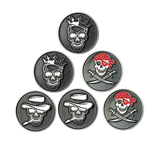 GOLTERS Skull Golf Ball Marker set of 6 with assorted skull designs.